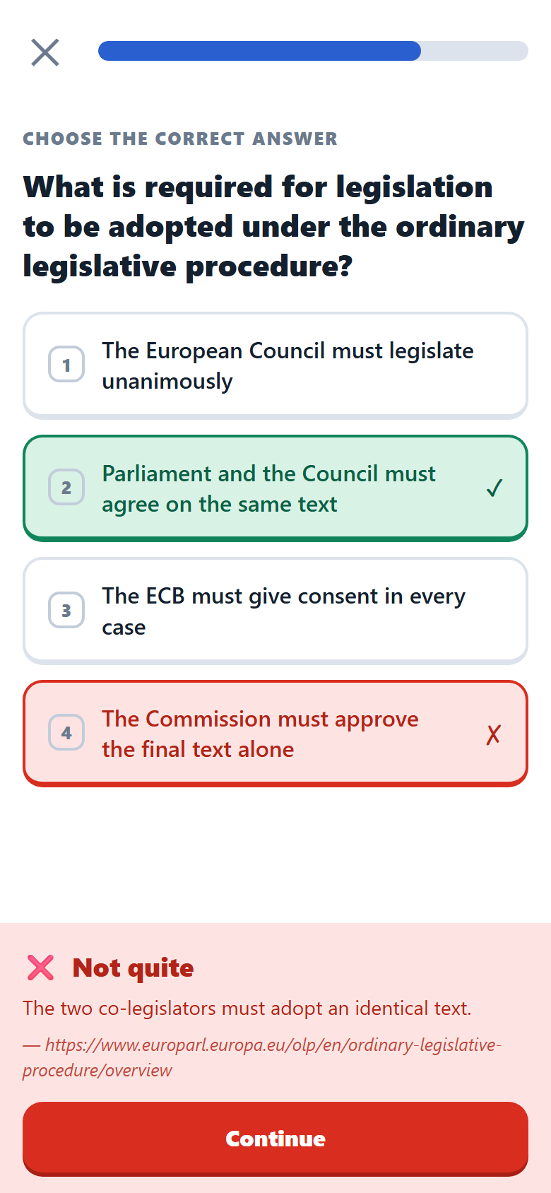 A lesson correcting a wrong answer: the chosen option in red, the right one in green, and an explanation naming the Treaty article and source it comes from.